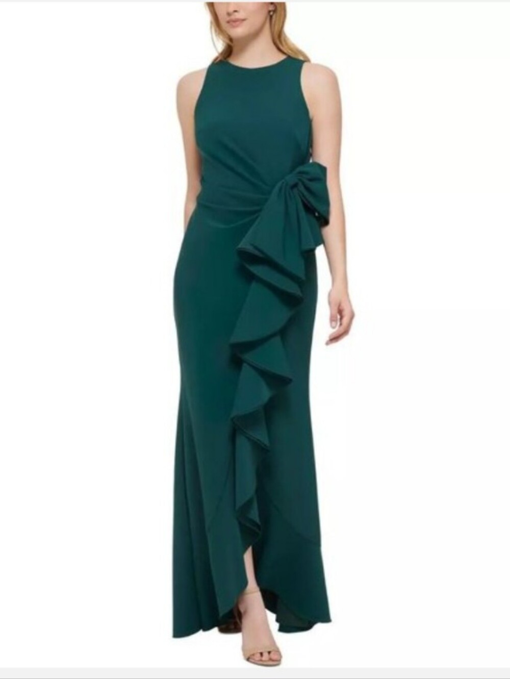 Eliza J Sleeveless Hunter Green Gown with Side Bow and Cascade Ruffle